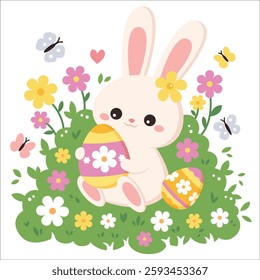 Easter Bunny with Colorful Eggs and Spring Flowers, Cute Kawaii Cartoon Illustration for Easter Holiday Cards, Kids Decor, and Spring Designs