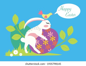 Conejo de Pascua con huevos de colores. Ilustración vectorial.