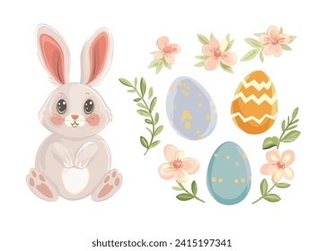 Easter bunny with colorful flowers and easter eggs illustration vector background.