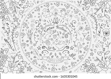 Easter Bunny Coloring page, Coloring book. Color this picture. Big Set with Easter elements - rabbits, chickens, flowers, Doodle collection Cozy style. Flowers, leaves. Woman coloring book