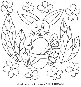 Easter bunny coloring page, cute eared bunny holding Easter egg with bow, coloring book for kids vector illustration