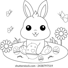 Easter bunny coloring pages for kids. Black and white cute rabbit illustration for kids.