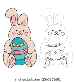 Easter bunny coloring pages Easter worksheets printable for kids activity, Kindergarten and preschool. Trace and color Easter bunny worksheets. Bunny with Easter egg clipart vector.