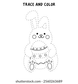 Easter bunny coloring pages Easter worksheets printable for kids activity, Kindergarten and preschool. Trace and color Easter bunny worksheets. Bunny with Easter egg clipart vector.