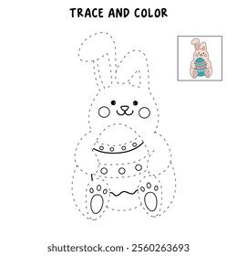 Easter bunny coloring pages Easter worksheets printable for kids activity, Kindergarten and preschool. Trace and color Easter bunny worksheets. Bunny with Easter egg clipart vector.