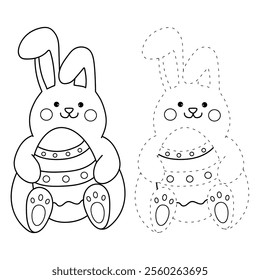 Easter bunny coloring pages Easter worksheets printable for kids activity, Kindergarten and preschool. Trace and color Easter bunny worksheets. Bunny with Easter egg clipart vector.