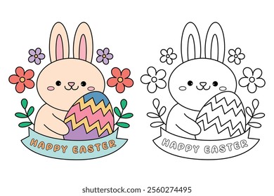 Easter bunny coloring pages easter worksheets printable for kids activity, Kindergarten and preschool. Trace and color Easter bunny worksheets. Bunny with Easter egg clipart vector.