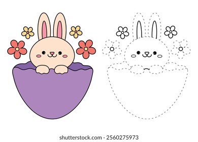Easter bunny coloring pages easter worksheets printable for kids activity, Kindergarten and preschool. Trace and color Easter bunny worksheets. Bunny with Easter egg clipart vector.