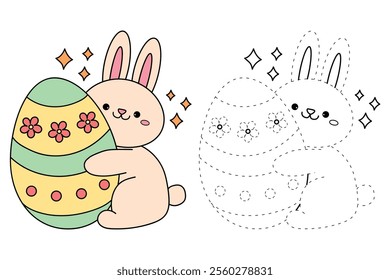 Easter bunny coloring pages easter worksheets printable for kids activity, Kindergarten and preschool. Trace and color Easter bunny worksheets. Bunny with Easter egg clipart vector.