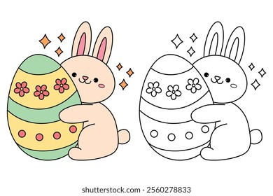 Easter bunny coloring pages easter worksheets printable for kids activity, Kindergarten and preschool. Trace and color Easter bunny worksheets. Bunny with Easter egg clipart vector.