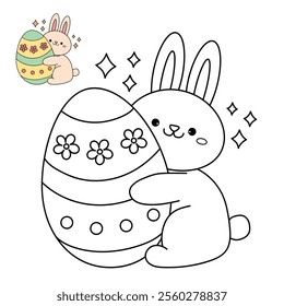 Easter bunny coloring pages easter worksheets printable for kids activity, Kindergarten and preschool. Trace and color Easter bunny worksheets. Bunny with Easter egg clipart vector.