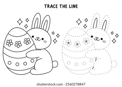 Easter bunny coloring pages easter worksheets printable for kids activity, Kindergarten and preschool. Trace and color Easter bunny worksheets. Bunny with Easter egg clipart vector.