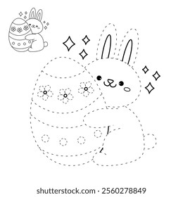 Easter bunny coloring pages easter worksheets printable for kids activity, Kindergarten and preschool. Trace and color Easter bunny worksheets. Bunny with Easter egg clipart vector.