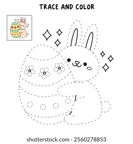 Easter bunny coloring pages easter worksheets printable for kids activity, Kindergarten and preschool. Trace and color Easter bunny worksheets. Bunny with Easter egg clipart vector.