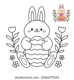 Easter bunny coloring pages easter worksheets printable for kids activity, Kindergarten and preschool. Trace and color Easter bunny worksheets. Bunny with Easter egg clipart vector.