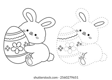 Easter bunny coloring pages easter worksheets printable for kids activity, Kindergarten and preschool. Trace and color Easter bunny worksheets. Bunny with Easter egg clipart vector.