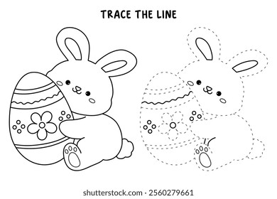 Easter bunny coloring pages easter worksheets printable for kids activity, Kindergarten and preschool. Trace and color Easter bunny worksheets. Bunny with Easter egg clipart vector.