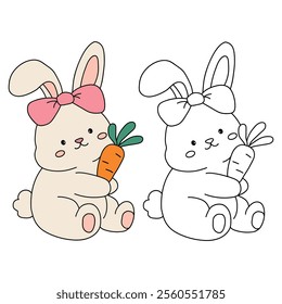 Easter bunny coloring pages easter worksheets printable for kids activity, Kindergarten and preschool. Trace and color Easter bunny worksheets. Bunny with carrot clipart vector.