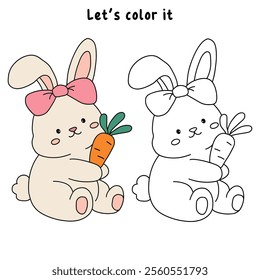 Easter bunny coloring pages easter worksheets printable for kids activity, Kindergarten and preschool. Trace and color Easter bunny worksheets. Bunny with carrot clipart vector.