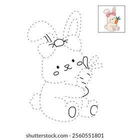 Easter bunny coloring pages easter worksheets printable for kids activity, Kindergarten and preschool. Trace and color Easter bunny worksheets. Bunny with carrot clipart vector.