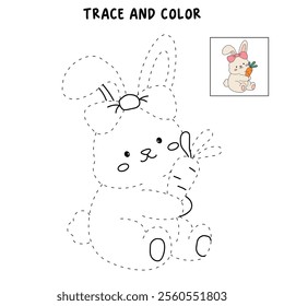 Easter bunny coloring pages easter worksheets printable for kids activity, Kindergarten and preschool. Trace and color Easter bunny worksheets. Bunny with carrot clipart vector.