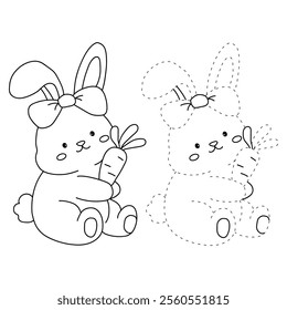 Easter bunny coloring pages easter worksheets printable for kids activity, Kindergarten and preschool. Trace and color Easter bunny worksheets. Bunny with carrot clipart vector.