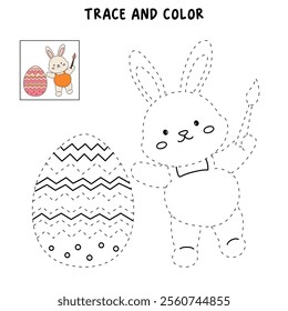 Easter bunny coloring pages easter worksheets printable for kids activity, Kindergarten and preschool. Trace and color Easter bunny worksheets. Bunny with Easter egg clipart vector.