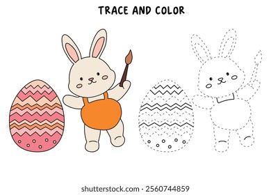 Easter bunny coloring pages easter worksheets printable for kids activity, Kindergarten and preschool. Trace and color Easter bunny worksheets. Bunny with Easter egg clipart vector.
