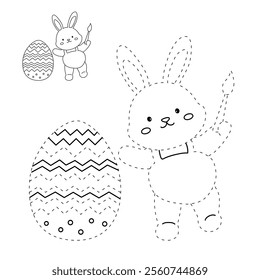 Easter bunny coloring pages easter worksheets printable for kids activity, Kindergarten and preschool. Trace and color Easter bunny worksheets. Bunny with Easter egg clipart vector.