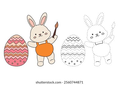 Easter bunny coloring pages easter worksheets printable for kids activity, Kindergarten and preschool. Trace and color Easter bunny worksheets. Bunny with Easter egg clipart vector.