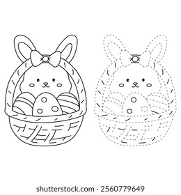 Easter bunny coloring pages easter worksheets printable for kids activity, Kindergarten and preschool. Trace and color Easter bunny worksheets. Bunny with Easter egg clipart vector.