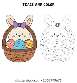 Easter bunny coloring pages easter worksheets printable for kids activity, Kindergarten and preschool. Trace and color Easter bunny worksheets. Bunny with Easter egg clipart vector.