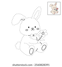 Easter bunny coloring pages easter worksheets printable for kids activity, Kindergarten and preschool. Trace and color Easter bunny worksheets. Bunny with flower clipart vector.