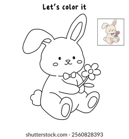 Easter bunny coloring pages easter worksheets printable for kids activity, Kindergarten and preschool. Trace and color Easter bunny worksheets. Bunny with flower clipart vector.