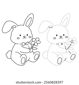 Easter bunny coloring pages easter worksheets printable for kids activity, Kindergarten and preschool. Trace and color Easter bunny worksheets. Bunny with flower clipart vector.