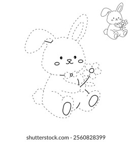 Easter bunny coloring pages easter worksheets printable for kids activity, Kindergarten and preschool. Trace and color Easter bunny worksheets. Bunny with flower clipart vector.