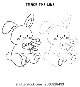 Easter bunny coloring pages easter worksheets printable for kids activity, Kindergarten and preschool. Trace and color Easter bunny worksheets. Bunny with flower clipart vector.