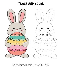 Easter bunny coloring pages easter worksheets printable for kids activity, Kindergarten and preschool. Trace and color Easter bunny worksheets. Bunny with Easter egg clipart vector.