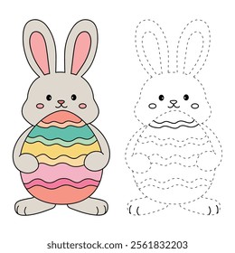 Easter bunny coloring pages easter worksheets printable for kids activity, Kindergarten and preschool. Trace and color Easter bunny worksheets. Bunny with Easter egg clipart vector.
