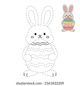 Easter bunny coloring pages easter worksheets printable for kids activity, Kindergarten and preschool. Trace and color Easter bunny worksheets. Bunny with Easter egg clipart vector.