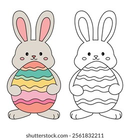 Easter bunny coloring pages easter worksheets printable for kids activity, Kindergarten and preschool. Trace and color Easter bunny worksheets. Bunny with Easter egg clipart vector.