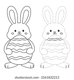 Easter bunny coloring pages easter worksheets printable for kids activity, Kindergarten and preschool. Trace and color Easter bunny worksheets. Bunny with Easter egg clipart vector.