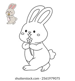 Easter bunny coloring pages easter worksheets printable for kids activity, Kindergarten and preschool. Trace and color Easter bunny worksheets. Bunny Easter with flower clipart vector.