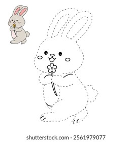 Easter bunny coloring pages easter worksheets printable for kids activity, Kindergarten and preschool. Trace and color Easter bunny worksheets. Bunny Easter with flower clipart vector.
