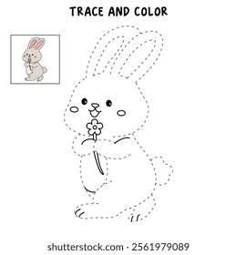 Easter bunny coloring pages easter worksheets printable for kids activity, Kindergarten and preschool. Trace and color Easter bunny worksheets. Bunny Easter with flower clipart vector.