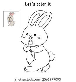 Easter bunny coloring pages easter worksheets printable for kids activity, Kindergarten and preschool. Trace and color Easter bunny worksheets. Bunny Easter with flower clipart vector.