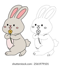 Easter bunny coloring pages easter worksheets printable for kids activity, Kindergarten and preschool. Trace and color Easter bunny worksheets. Bunny Easter with flower clipart vector.