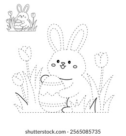 Easter bunny coloring pages easter worksheets printable for kids activity, Kindergarten and preschool. Trace and color Easter bunny worksheets. Bunny Easter with egg clipart vector. Spring Season.