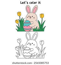 Easter bunny coloring pages easter worksheets printable for kids activity, Kindergarten and preschool. Trace and color Easter bunny worksheets. Bunny Easter with egg clipart vector. Spring Season.