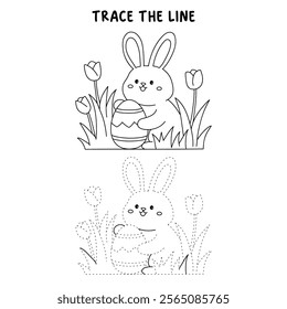Easter bunny coloring pages easter worksheets printable for kids activity, Kindergarten and preschool. Trace and color Easter bunny worksheets. Bunny Easter with egg clipart vector. Spring Season.